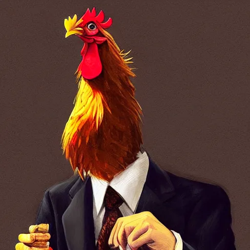 Image similar to a chicken wearing a suit smoking a cigar, dramatic lighting, cinematic, establishing shot, extremly high detail, photorealistic, cinematic lighting, artstation, style by James Gurney