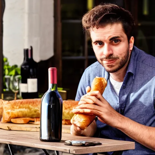 Prompt: photograph of a frenchman seated at a table with a baguette and a bottle of wine in 2 0 2 0. colorful, award winning photography, 5 0 mm