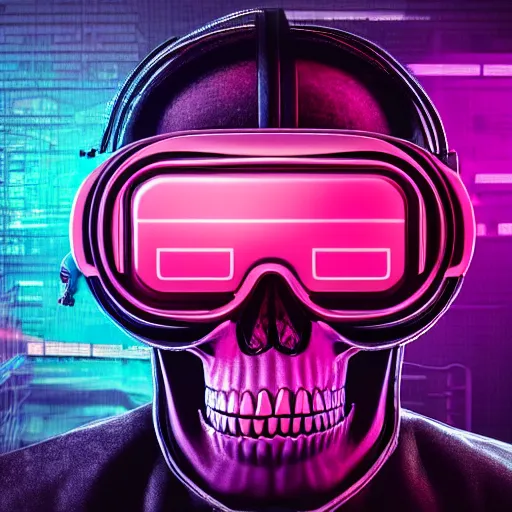 Image similar to a skull with a vr headset in a cyberpunk aesthetic, 4 k, with the word pixel written on the headset