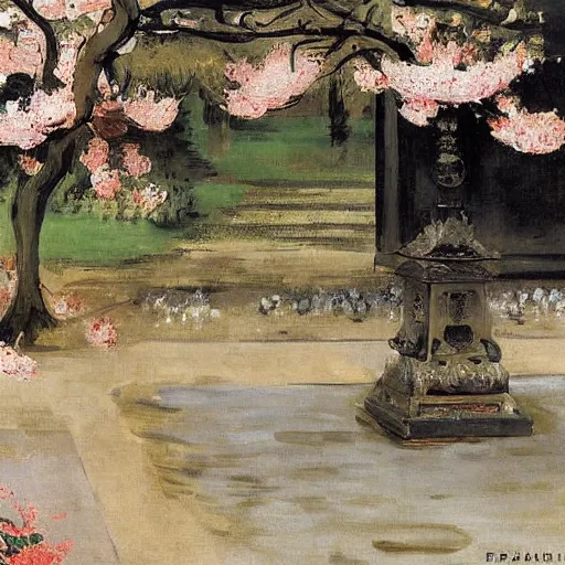 Image similar to ultradetailed ornamental shrine surrounded by cherry blossom trees, wet and rainy, painting by edouard manet