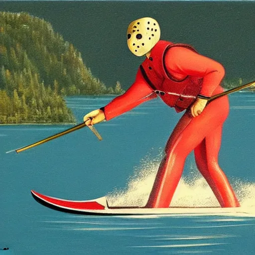 Image similar to jason voorhees water skiing on a lake, beautiful oil paining 1 9 6 5