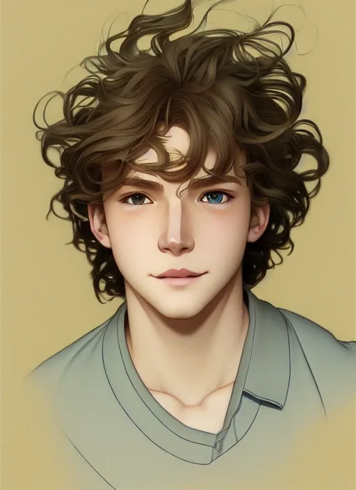 Image similar to young man with medium - length, curly, golden hair, perfectly proportioned face, aquamarine eyes, sweet smile, natural lighting, path traced, highly detailed, high quality, cartoon, digital painting, by new haicheng and studio ghibli and alphonse mucha