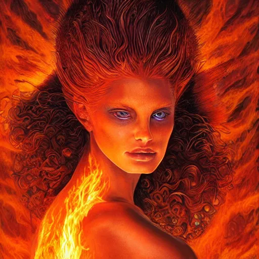 Prompt: A stunning portrait of a goddess, her body made of flames, by Jim Burns, 8K UHD, intricate, fantasy