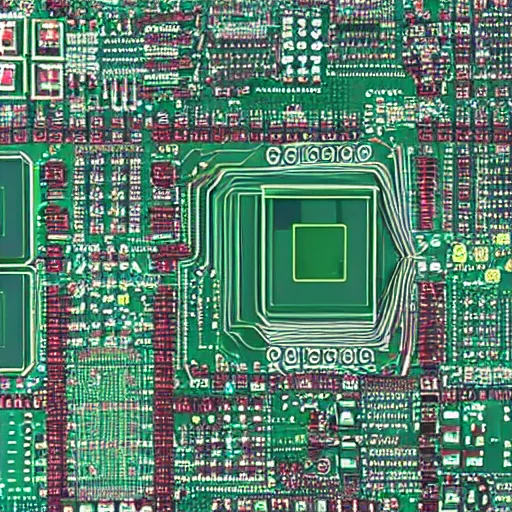 Prompt: google street view inside a pcb with installed components