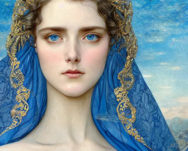 Prompt: Masterpiece head and shoulders portrait of a lady Jessica atreides. Striking bright blue eyes. veil . long robes, silk drapes. face, fantasy, intricate, elegant, highly detailed drawn by Donato Giancola and Tom Bagshaw, face by Artgerm and Edmund Leighton, Alphonse Mucha, background by James Jean and Gustav Klimt, 4k, porcelain skin, french nouveau, trending on pixiv, octane render, hyperrealistic