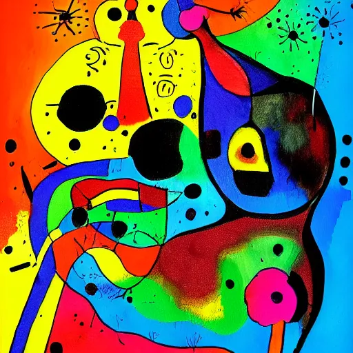 Image similar to masterpiece, black background, psychedelic therapy, artwork by joan miro, trending on ArtStation, ink splatters, pen lines, incredible detail, creative, positive energy, happy, unique, negative space, face, artgerm