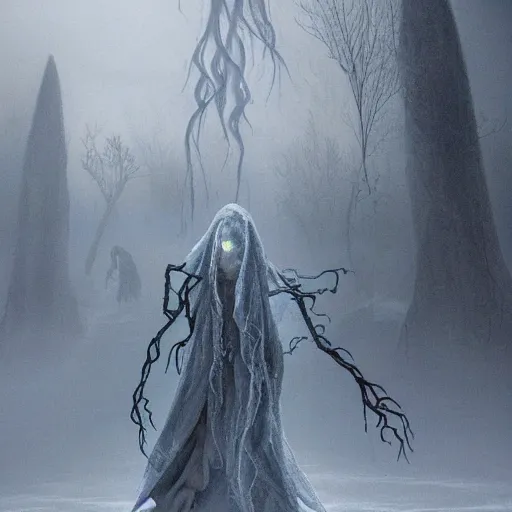 Prompt: an ethereal ghostly wraith like figure with a squid like parasite latched onto its head and long tentacle arms that flow lazily but gracefully at its sides like a cloak while it floats around a frozen rocky tundra in the snow searching for lost souls and that hides amongst the shadows in the trees, this character has hydrokinesis and electrokinesis for the resident evil village video game franchise with inspiration from the franchise Bloodborne as a real muppet from sesame street, photo realistic, photography, sesame street