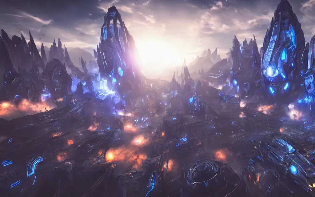 Image similar to protoss structure city, protoss vehicles flying, cinematic dramatic lighting, beautiful