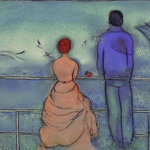 Prompt: a beautiful computer art of a man and a woman are standing on a dock, looking out at a body of water. the woman has her hand on the man's shoulder, and they appear to be deep in conversation. the colors in the computer art are muted, and the scene has a calming feeling. by bruce munro, by marc chagall natural, weary