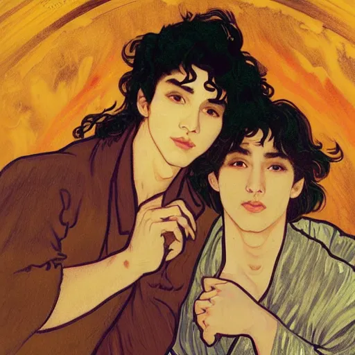 Image similar to painting of young cute handsome beautiful dark medium wavy hair man in his 2 0 s named shadow taehyung and cute handsome beautiful min - jun together at the halloween party, bubbling cauldron, candles, smoke, tarot, autumn colors, elegant, stylized, soft facial features, delicate facial features, art by alphonse mucha, vincent van gogh, egon schiele