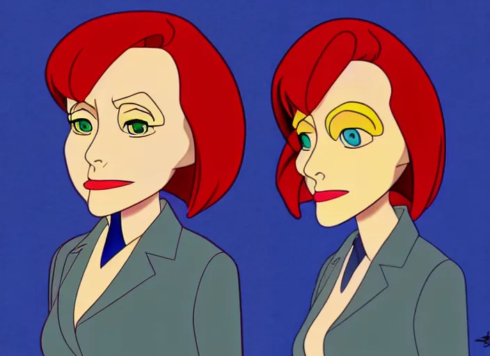 Prompt: a shaded animation cel of dana scully, realistic anatomy, in the style of don bluth, disney, dreamworks animation, filmation, toei animation, studio trigger, bruce timm, jack kirby, studio ghibli, 5 k, artstation trending