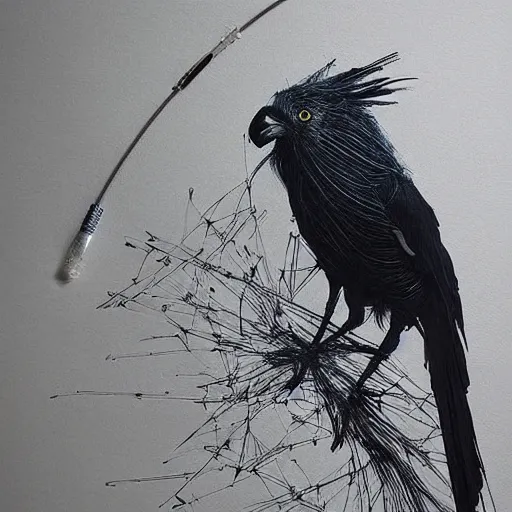 Image similar to a silver feathered partially wireframed jackdaw, with a fine paintbrush in it's beak, creating artwork on canvas, by leesha hannigan, ross tran, thierry doizon, kai carpenter, ignacio fernandez rios