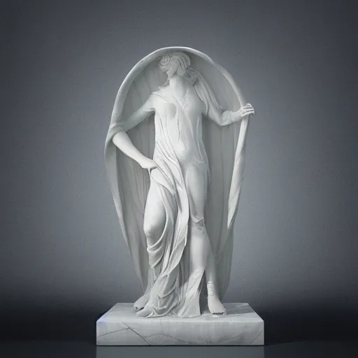 Prompt: “a delicate renaissance marble sculpture covered with water veil, highly detailed transparent marble cloth, gi, global illumination, physically based rendering, photorealistic, top light, dark background ”