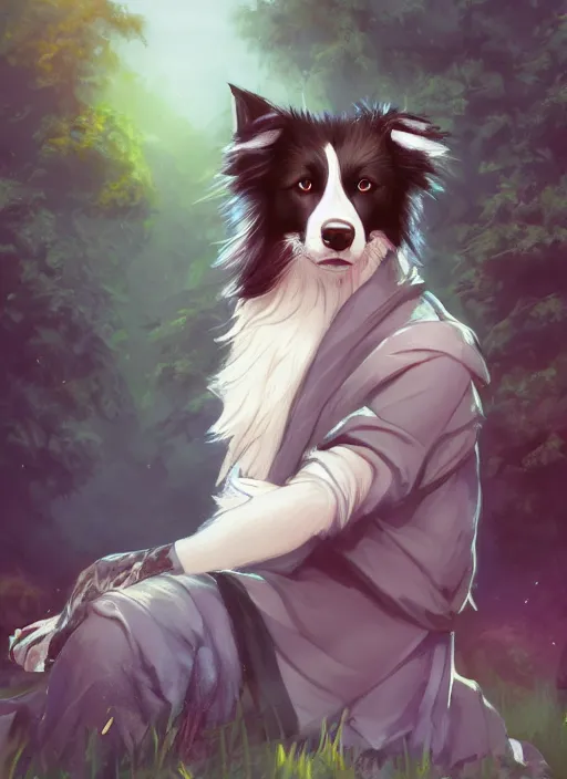 Image similar to wide angle beautiful full body portrait of a cute male anthropomorphic anthro border collie fursona wearing indigo robes in a park, character design by charlie bowater, henry asencio, and ross tran, disney, anime, scenic background, detailed, glamor pose, aesthetic, trending on artstation, furaffinity, deviantart