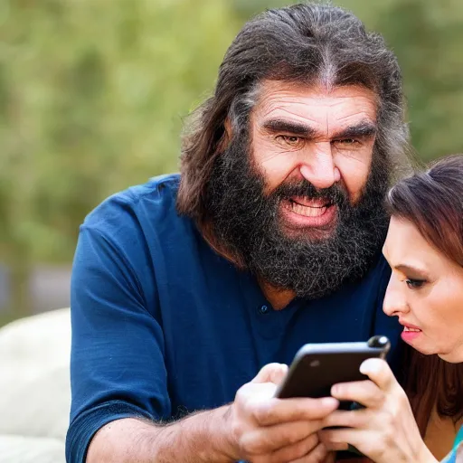 Prompt: caveman talking to his wife on his brand new Iphone