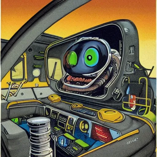 Prompt: “cutaway illustration of an android head, revealing inside is an small anthropomorphic rat sat in a pilots seat, operating levers and joysticks. Pulp sci-fi magazine cover illustration”