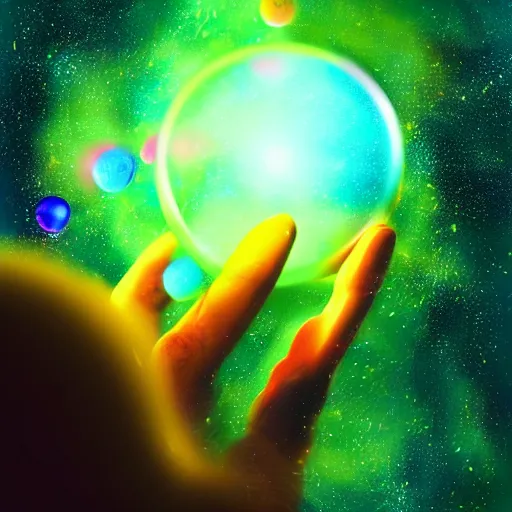 Prompt: a high quality artwork, human hand holding a bunch of soap bubbles in a cosmic space full of stars and clouds, volumetric light, green and yellow colors, digital art, artstation