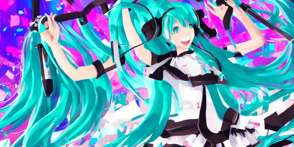 Image similar to hatsune miku preforming on stage , digital art, art station, trending on art station, anime, colorful art