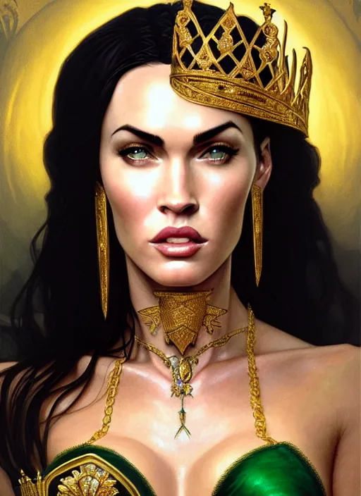 Image similar to portrait of megan fox as a queen, throne, jewelry, greek, emerald, intricate, headshot, highly detailed, digital painting, artstation, concept art, sharp focus, cinematic lighting, illustration, art by artgerm and greg rutkowski, alphonse mucha, cgsociety