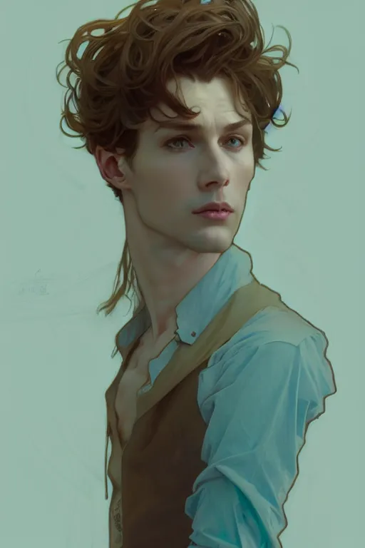 Image similar to full figure portrait of a single beautiful young fit man, dressed of modern transparent fluent shirt and large pants, by greg rutkowski and alphonse mucha, d & d character, gradient brown to cyan, interior design background, highly detailed portrait, digital painting, artstation, concept art, smooth, sharp focus ilustration, artstation hq