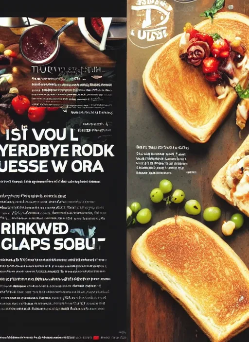 Image similar to tubby toast featured in a culinary magazine, professional photo, with text, featured article