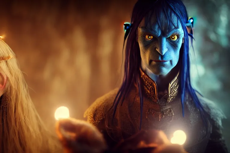 Prompt: an ultra realistic, cinematic, fantasy, portrait, of an evil blue skinned elf, elden ring, fairy lights, facial features, stood in a supermarket, with victorian clothing, detailed, deep focus, movie still, dramatic lighting, ray tracing, by michal karcz and yoshitaka amano