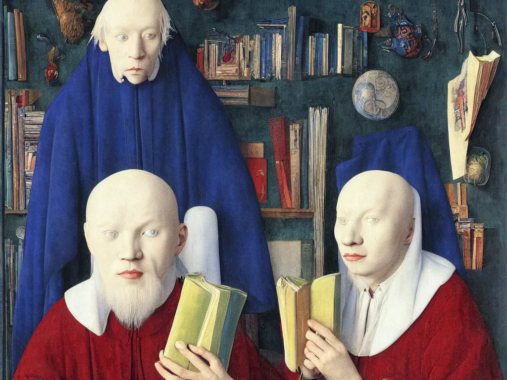 Prompt: Portrait of albino mystic with blue eyes, with books, large illustrated manuscripts. Painting by Jan van Eyck, Audubon, Rene Magritte, Agnes Pelton, Max Ernst, Walton Ford