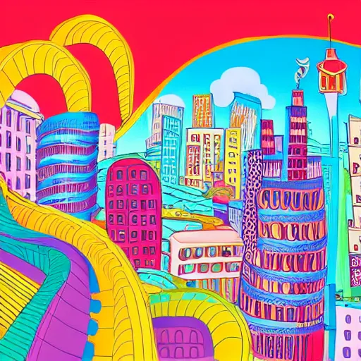 Prompt: fanciful city filled with curvy buildings, colorful kids book illustration by dr seuss, platforms, towers, bridges, stairs