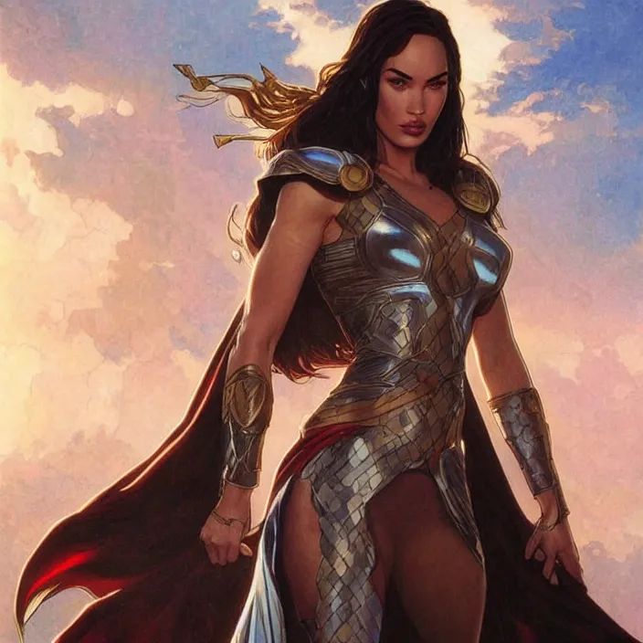 Prompt: megan fox as female thor by artgerm, greg rutkowski, alphonse mucha