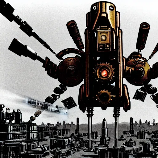 Image similar to A wide-angle photograph of a steampunk-style mech with machine guns, rocket launchers, and lasers towering over a city