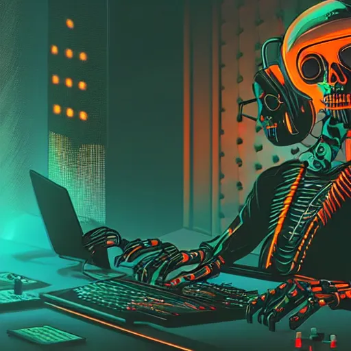 Image similar to cyberpunk skeleton with headphones playing synthesizer, honeycomb structure, smokey lights, lasers, highly detailed, realistic, dusty, technology and magic,