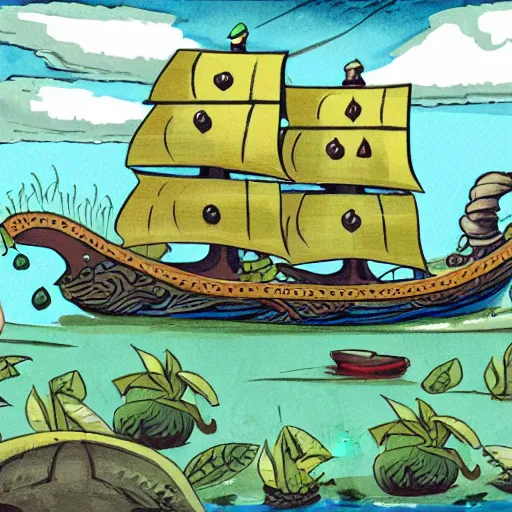 Prompt: single pirate ship that has a small green fruit tree in the middle of it, surrounded by water on all sides, bold complementary colours, 2D matte, graphic novel,