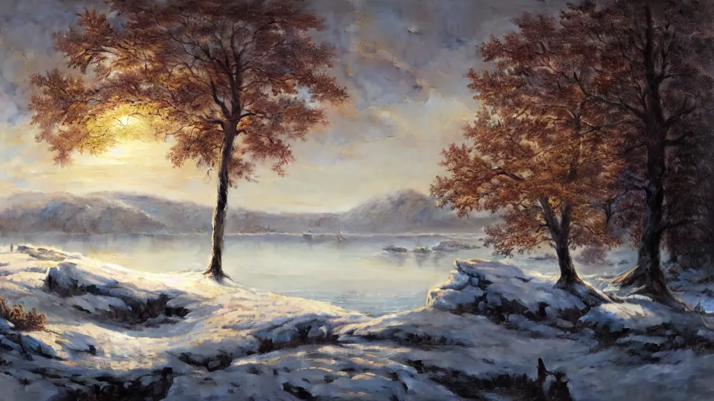 Image similar to the most beautiful panoramic landscape, oil painting, where a giant dreamy lake is frozen, the trees around have snow over their leafs, a majestic polar bear is exhaling steam and the ray lights of the sunrise are brightening him, by greg rutkowski