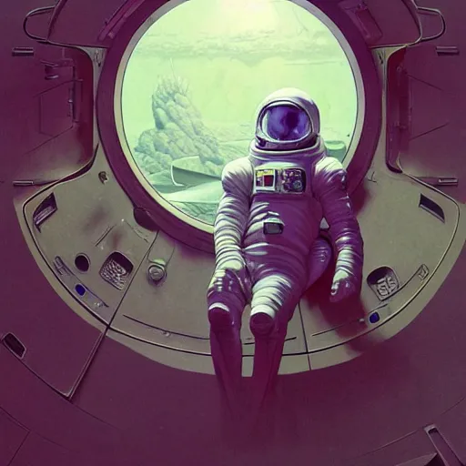 Image similar to detailed character concept art portrait of an astronaut floating in an empty chamber, artstation, award - winning realistic sci - fi concept art by zdzisław beksinski and greg rutkowski, jim burns, a realism masterpiece, james gilleard, bruegel, alphonse mucha, and yoshitaka amano