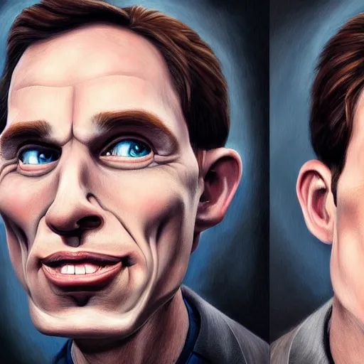 Image similar to Caricature portraits done of Jerma realistic, hyperrealistic, very realistic, highly detailed, very detailed, extremely detailed, detailed, oil painting, digital art, trending on artstation