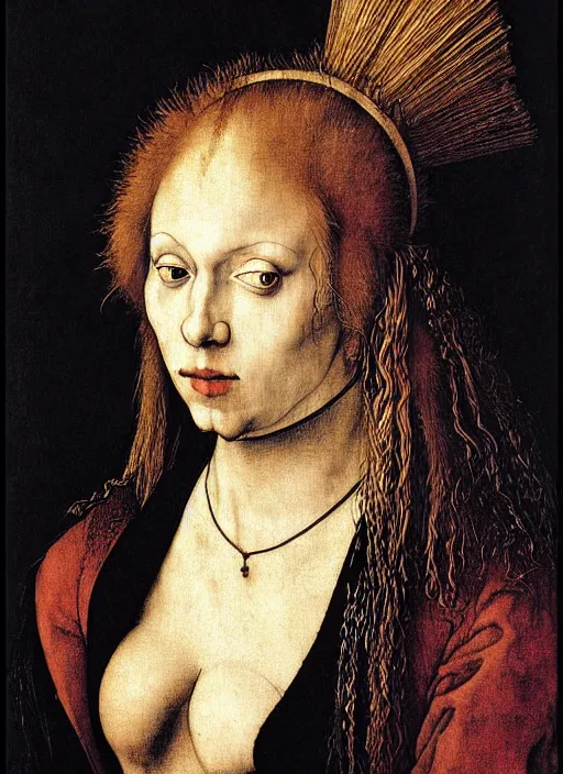 Image similar to a portrait of a pretty sewer punk young lady by albrecht durer