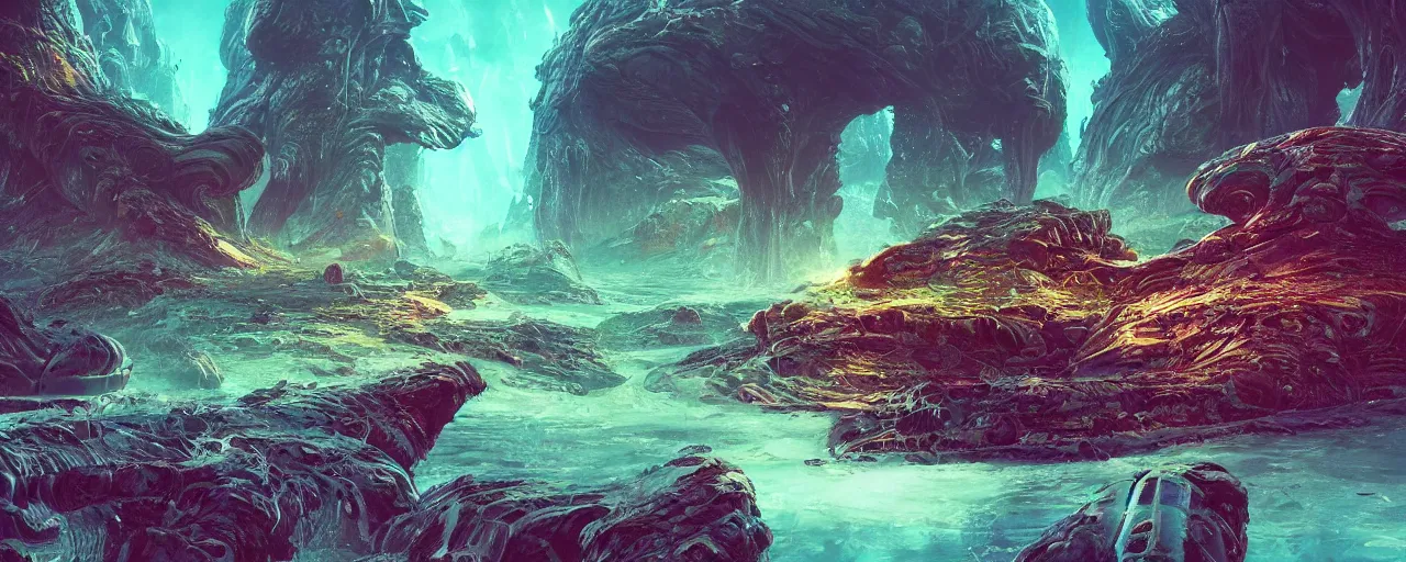 Image similar to ” water alien landscape, [ organic, liquid, cinematic, detailed, epic, widescreen, opening, establishing, mattepainting, photorealistic, realistic textures, octane render, art by slop and paul lehr ] ”