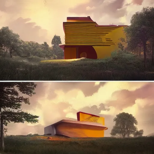 Image similar to rectangular house inspired by a tibetan palace between big trees, yellow clouds, dramatic lighting, artstation, matte painting, raphael lacoste, simon stalenhag, frank lloyd wright, zaha hadid