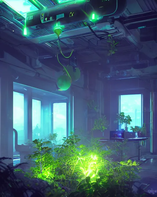 Image similar to Solarpunk gaming PC, futuristic utopia, scifi, green plants, blue light, small room, fine details, atmosphere, glow, extreme realistic, trending on artstation