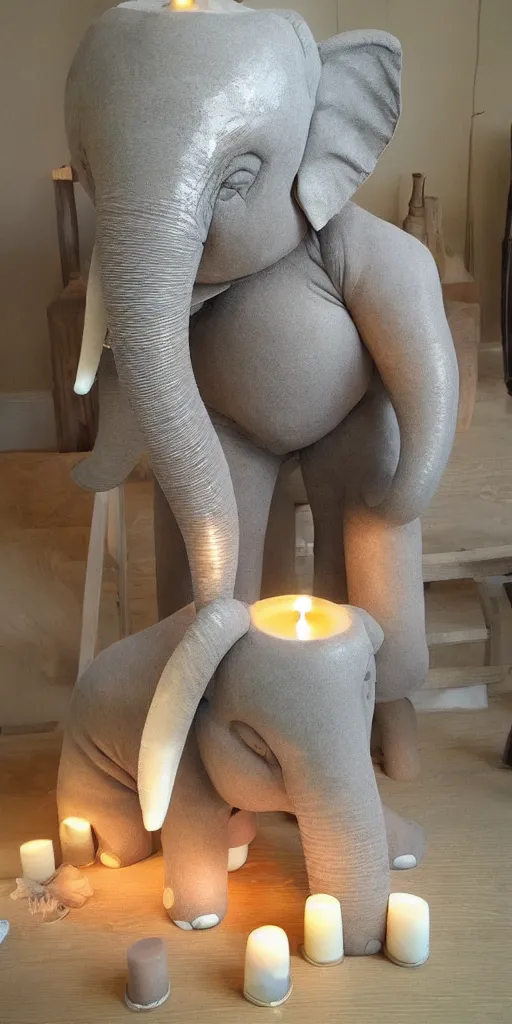 Image similar to a old man with a elephant snout, elephant ears and elephant tasks, beautifull candle low light