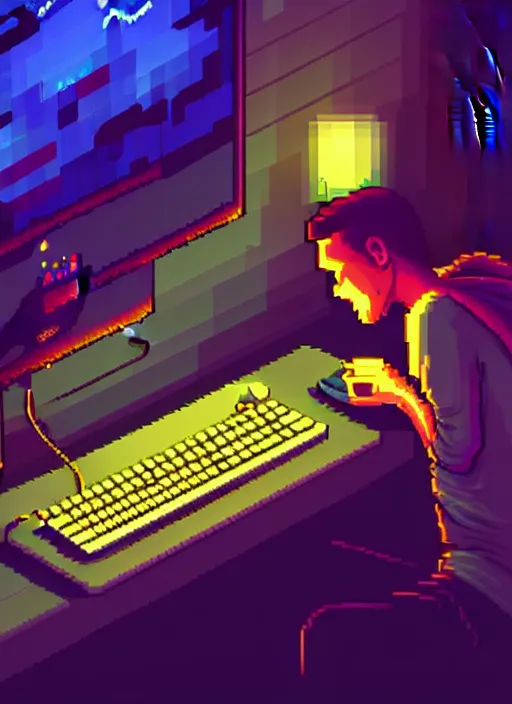 Image similar to discord user furious typing at the keyboard of his computer in the dark of night, beautiful detailed pixelart by albertov, intricate details, beautiful, dithered gradients, volumetric lighting, cgsociety, artstation, smooth, sharp focus, 2 d illustration, amazing art by dan mumford