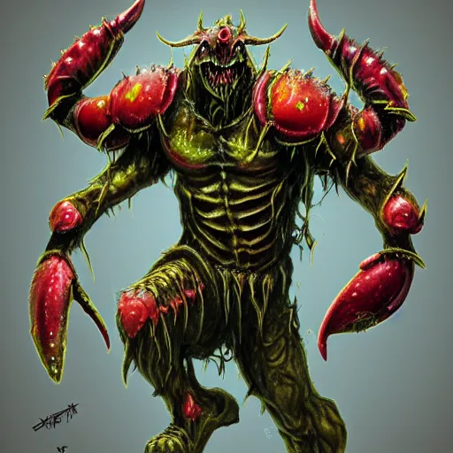 Image similar to A demon of Nurgle with crab claws, highly detailed, digital art, sharp focus, trending on art station, plant, anime art style