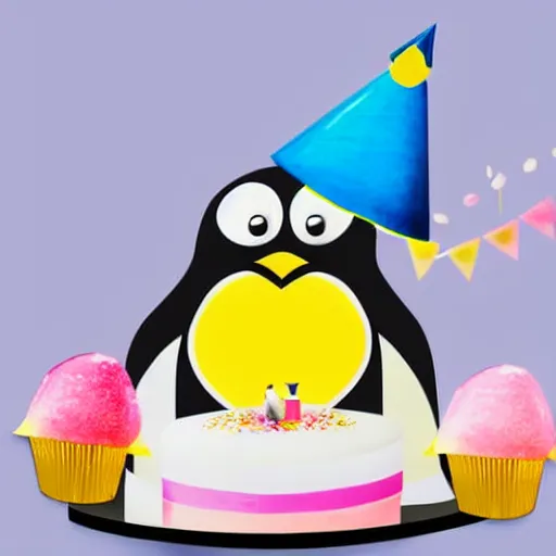 Image similar to a penguin with a birthday cake and a party hat, a pastel by may de montravel edwardes, pixabay contest winner, dau - al - set, contest winner, creative commons attribution, stockphoto