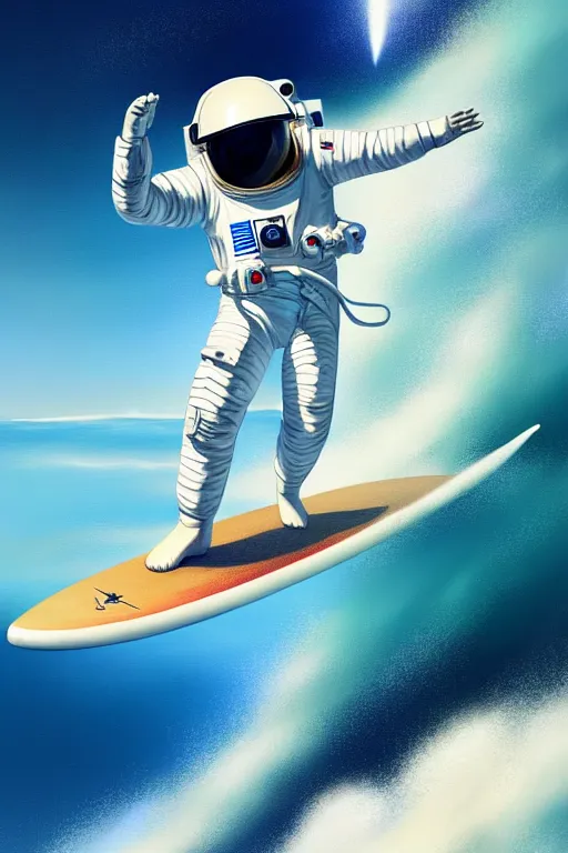 Image similar to a beautiful digital painting of an astronaut in a white space suit surfing the great wave on a surfboard by greg rutkowski, photorealistic, trending on artstation, octane render