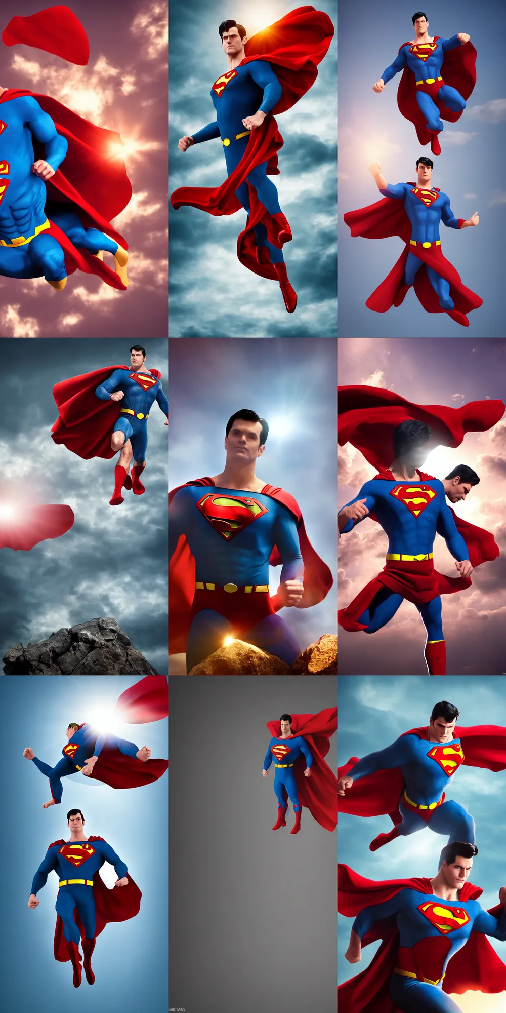 Prompt: heroic superman, floating, posed ready for action, cinematic lighting