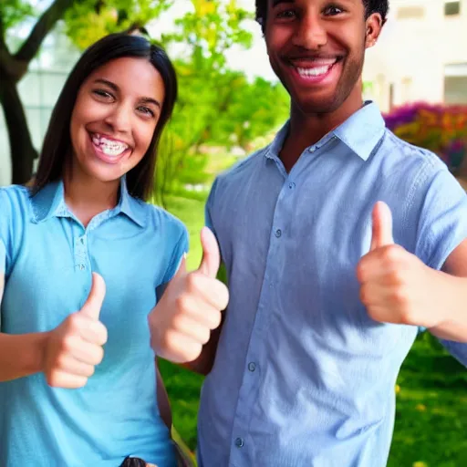 Image similar to twins making a thumbs up and smiling, photorealistic, stock photo