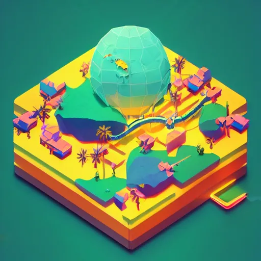 Image similar to isometric half sphere island on neon background, isometric invironment, 3d art, isometric art, high detail, artstation, concept art, behance, ray tracing, smooth, sharp focus, ethereal lighting