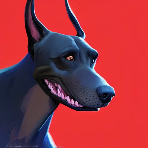 Image similar to portrait of an antropomorphic doberman creature, black hair, human body, angry look, ready for battle, masterpiece, mattepainting concept blizzard pixar maya engine on cold night stylized background splash comics global illumination lighting artstation lois van baarle, ilya kuvshinov, rossdraws