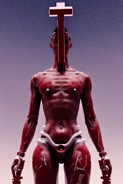 Prompt: a statue jesus on cross made of red marble, perfect symmetrical body, full body shot, white biomechanical, wearing epic bionic cyborg implants, inflateble shapes, tubes, background space station, masterpiece, intricate, biopunk, vogue, highly detailed, artstation, concept art, background galaxy, cyberpunk, octane render