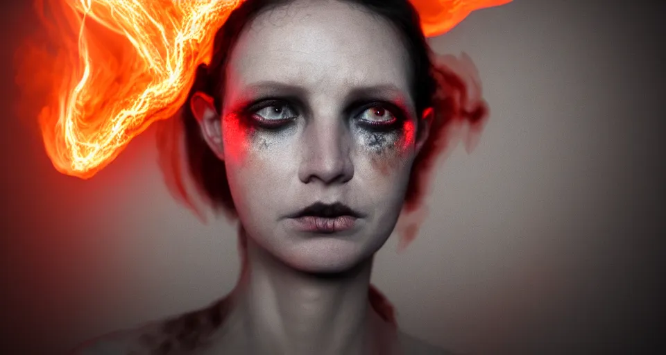 Image similar to portrait of a woman with horns made of flames in the wisps of thick smoke, horror, creepy vibe, looking into the camera, nightmare fuel, studio photography, studio lighting, realistic render, octane render, 4 k, 8 k, face in focus